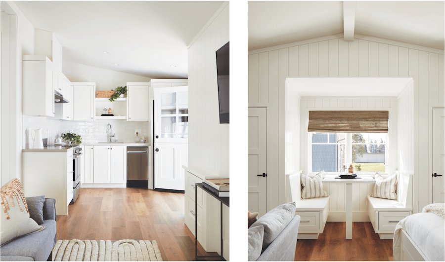 The kitchen and window seat in the ADU of an award-winning design