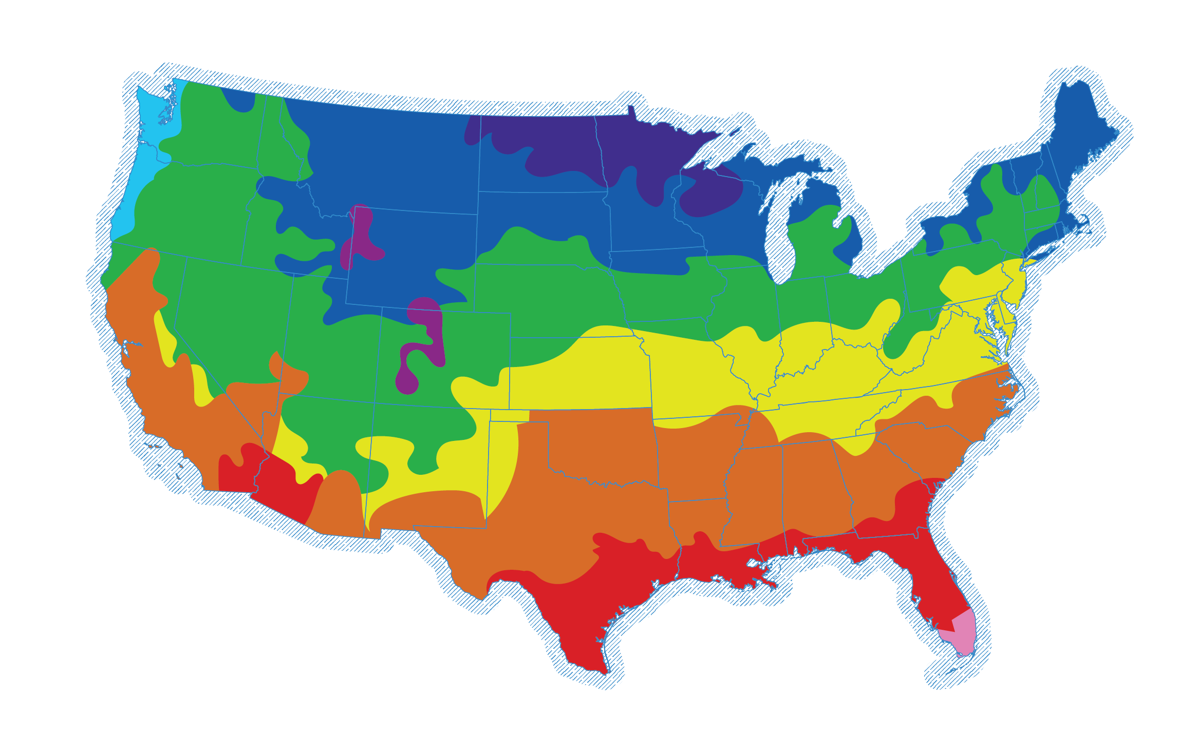 Map of the United States color coded to show IECC climate zones