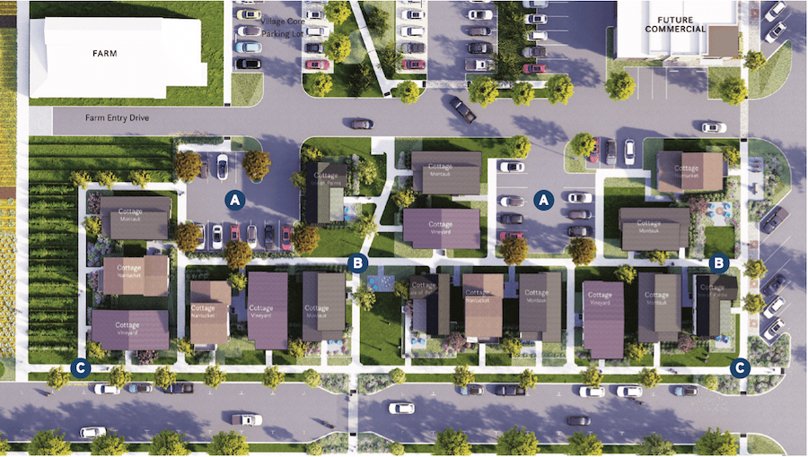 Site plan for the Indigo Cottages community of detached starter homes .