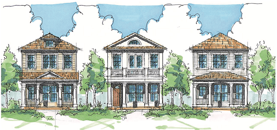 Front elevations of small lot home designs by architect Dawn Michele Evans.