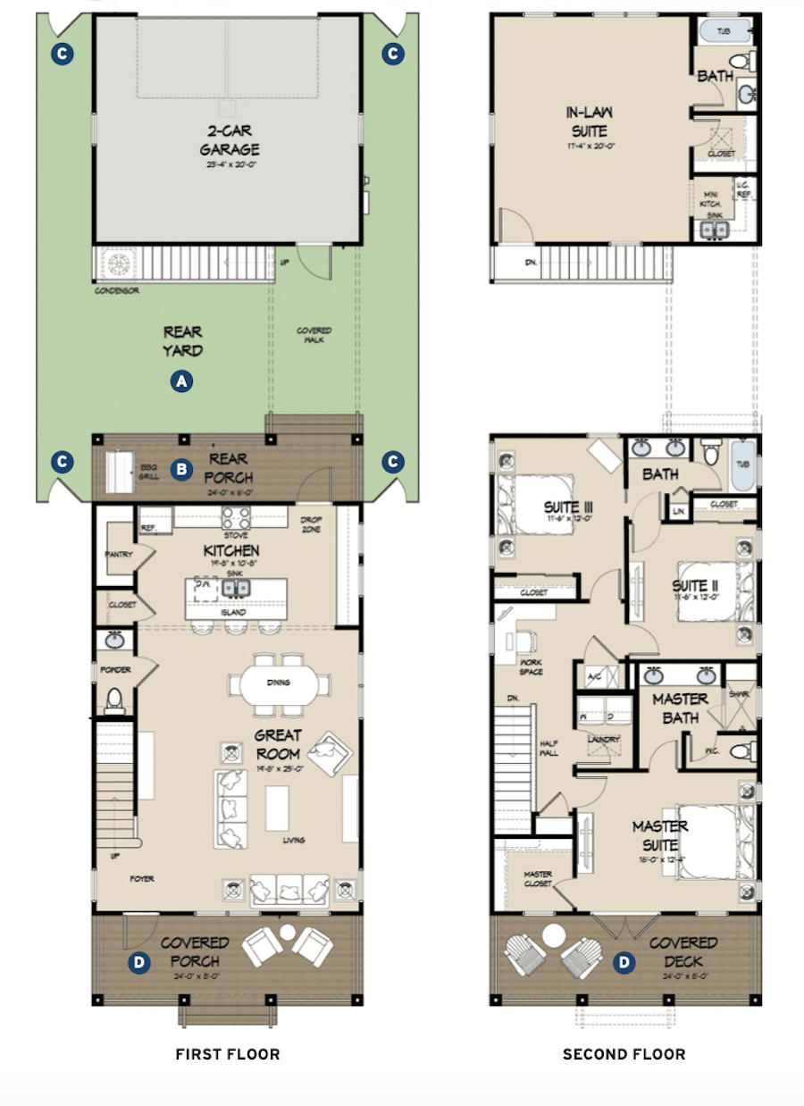 Floor plans for small-lot home designs by Dawn Michele Evans.