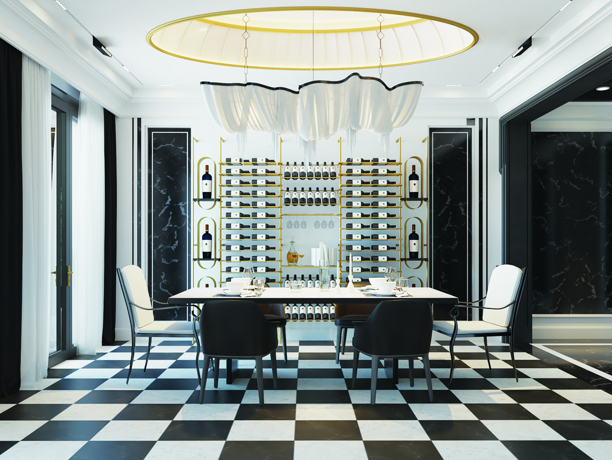 Dining room with brass wine storage rack in background