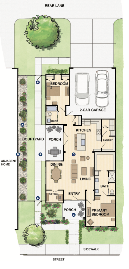 Floor plan for a small-lot home design, The Yards, Cottage 1, by Larry Garnett.