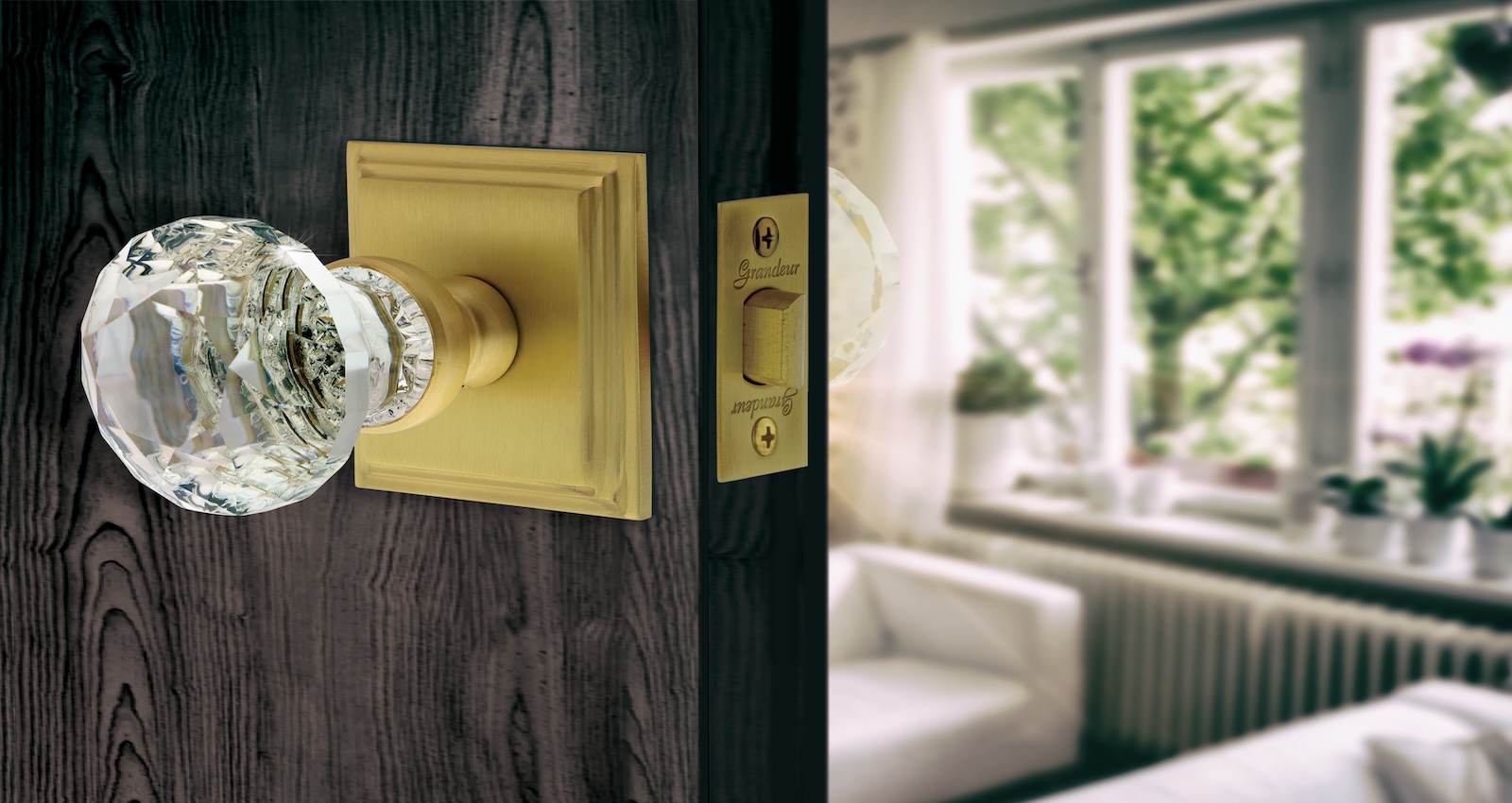 Close-up image of crystal door knob on square backplate