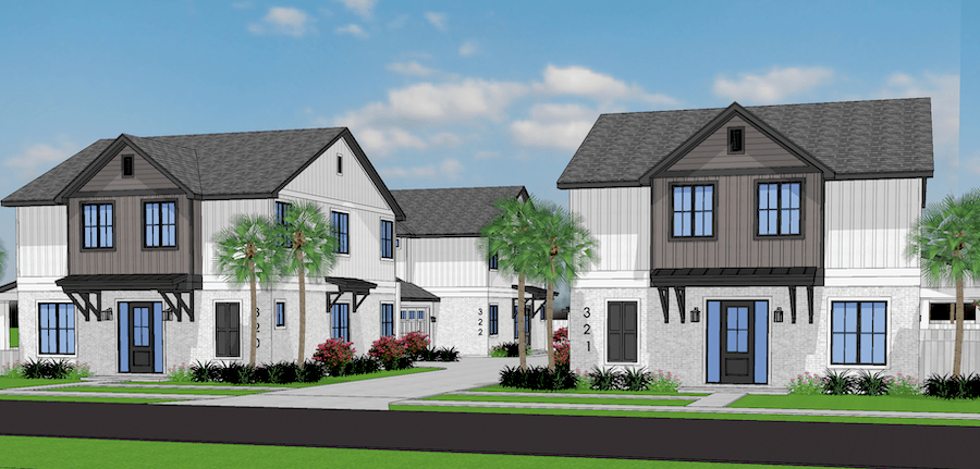 Exterior view of tandem duplex homes.