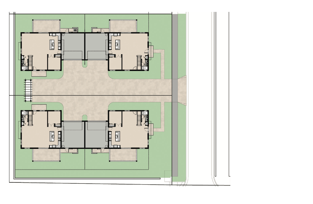 Site plan for a series of four three-bedroom tandem duplex homes.