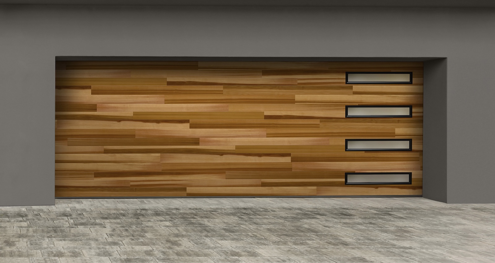 Modern-style garage door intended to look like cedar