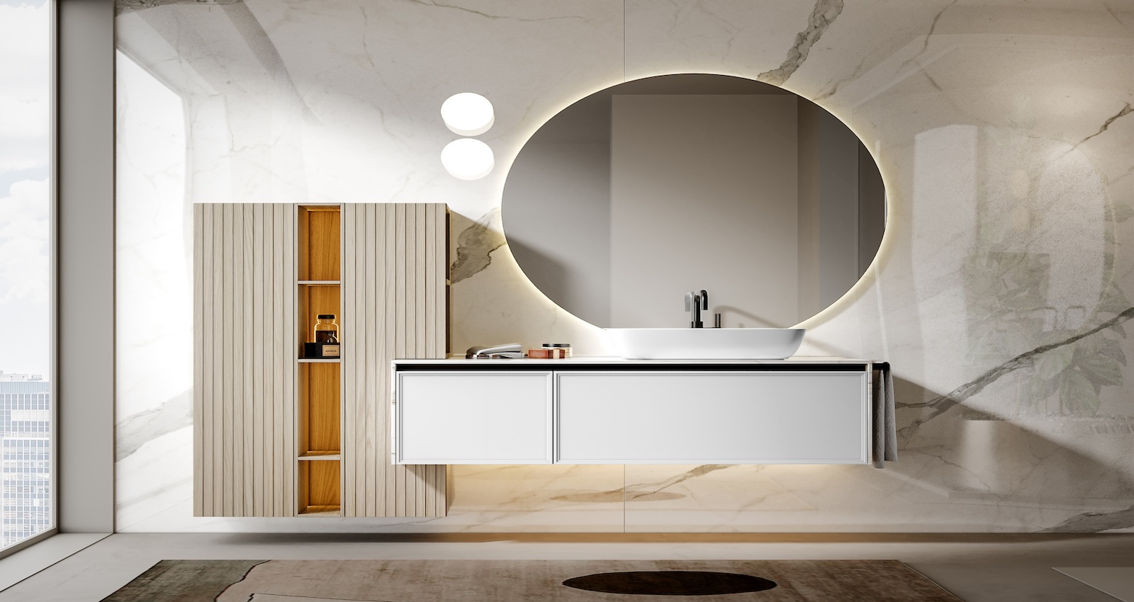 white floating bathroom vanity with oval mirror