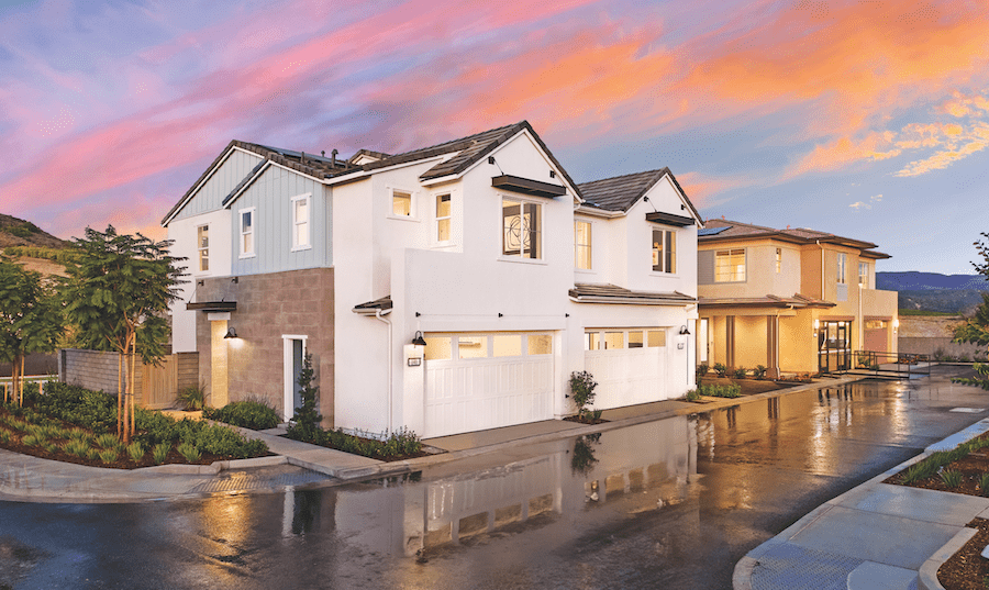 Exterior view of Pulte's Juniper homes, which have a paired home layout to keep costs down