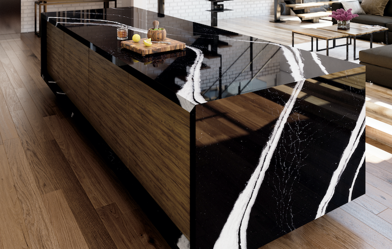 Cambria Mersey black quartz countertop with white veining