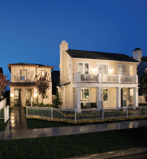 Celadon at RiverPark home exterior at night in Oxnard, Calif.