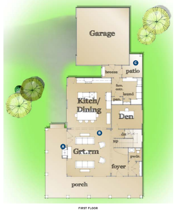 Cindy first floor house plan for small footprint by designer Todd Hallett