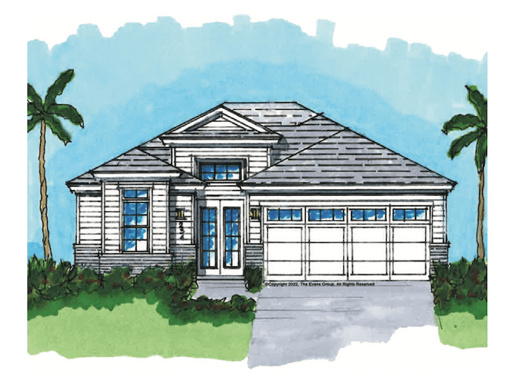 Front elevation rendering of the Courtyard Open Concept small-lot home designed by The Evans Group