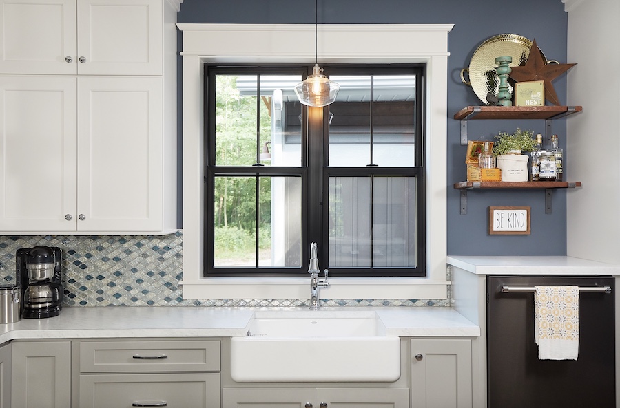 Craftsman-style home with blue hues in the kitchen