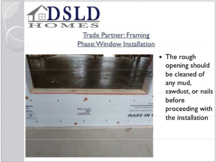 DSLD Homes' construction standards for window installation