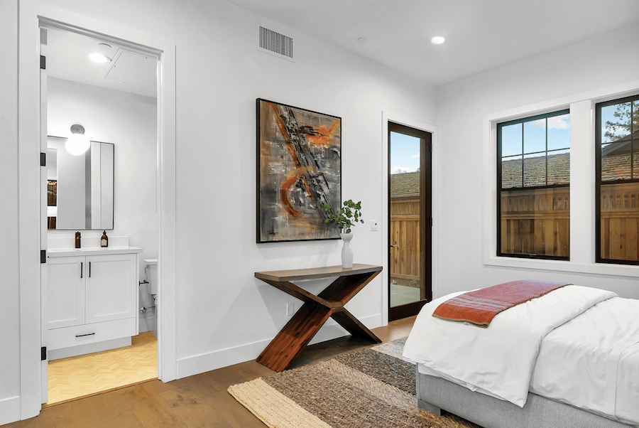 The bedroom and bathroom in Dahlin's 20 Cerros Manor ADU design