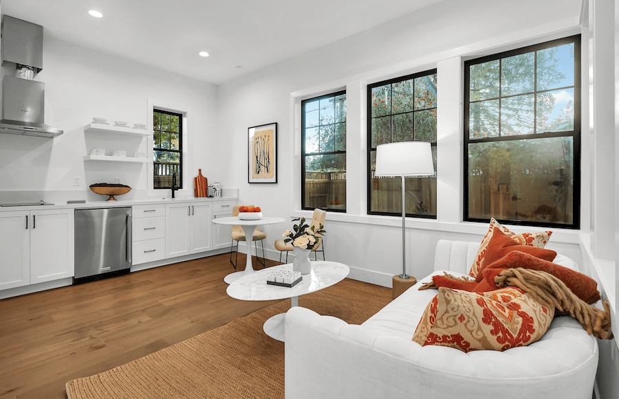 The kitchen and living area in Dahlin's 20 Cerros Manor ADU design 