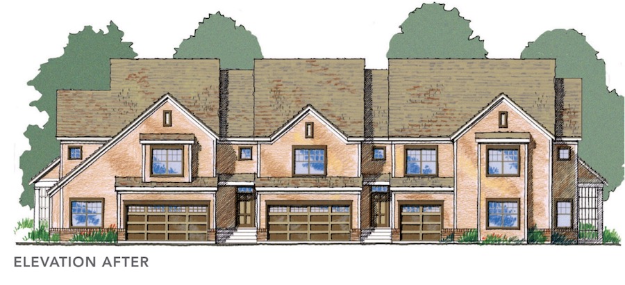 After elevations for EDI International's design of fourplexes with varying footprints