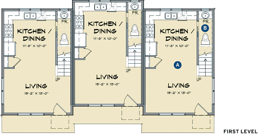 Jill townhomes designed by Todd Hallett, TK Design, first level floor plans