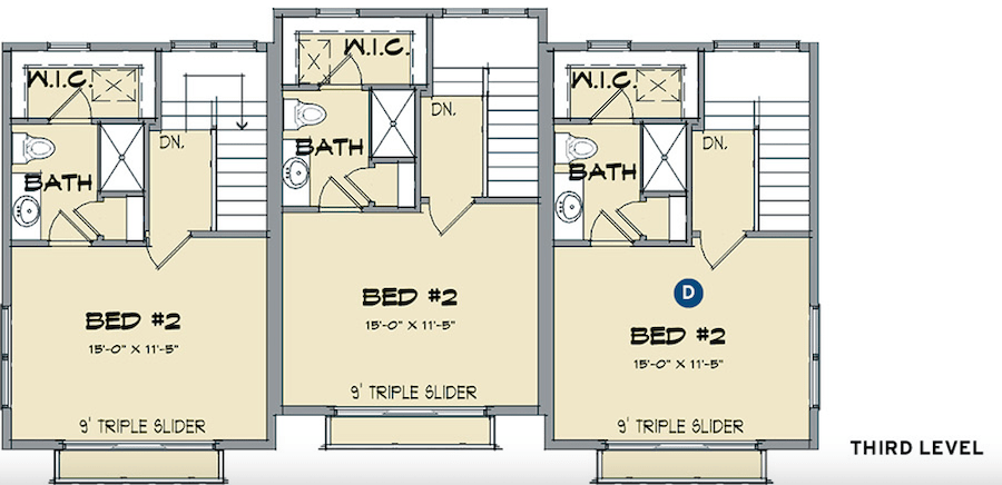 Jill townhomes designed by Todd Hallett, TK Design, third level floor plans