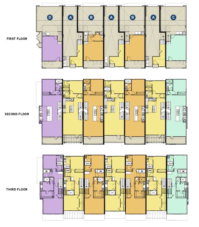 Floor plans for Kevin L. Crook Architect's three-story townhomes 