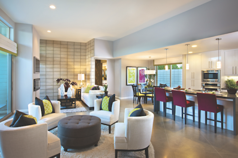 open plan living room and kitchen at Murano in Palm Springs, Calif.