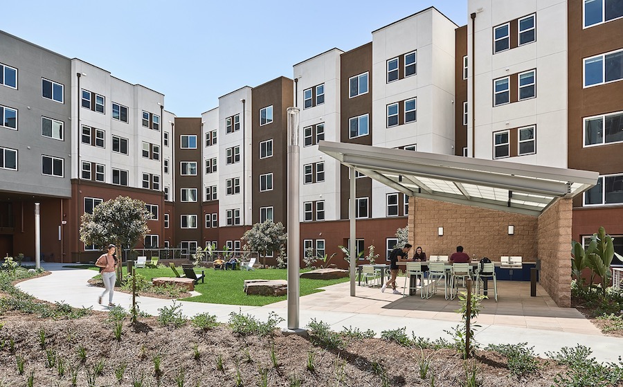 Exterior courtyard space at Plaza Verde student housing, a 2020 BALA winner