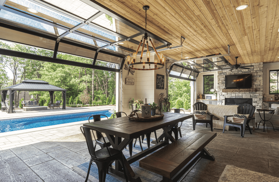 Glass overhead doors in the Regina home design, designed by TK Design & Associates