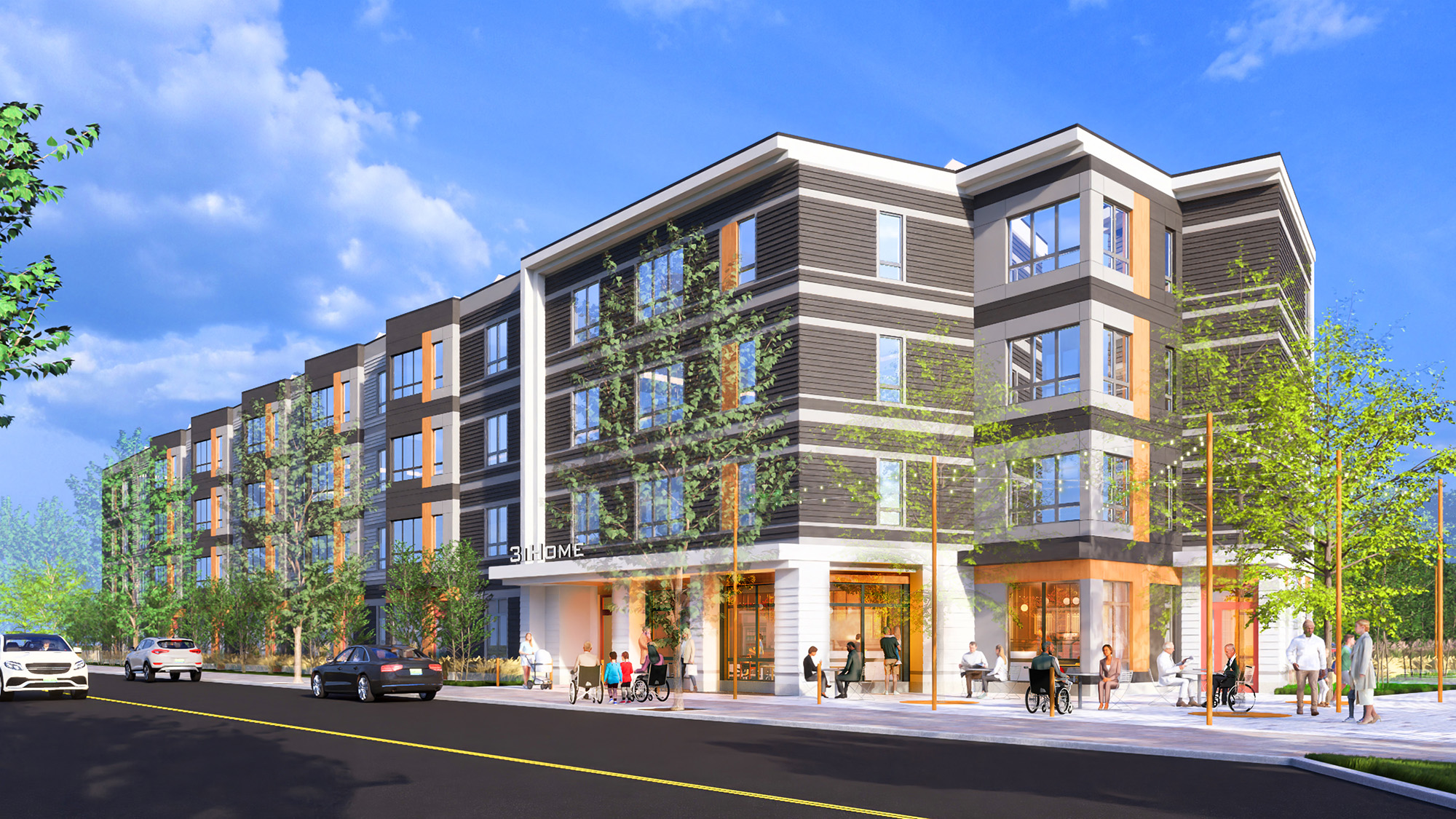 Rendering of mixed-use affordable housing community The Downs in Maine