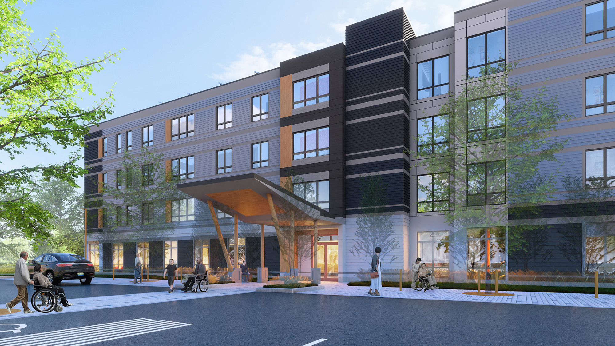 Rendering of mixed-use affordable housing community The Downs in Maine