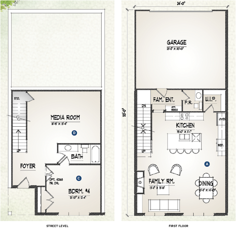 TK Design & Associates, the Andrea, street-level and first-floor plans