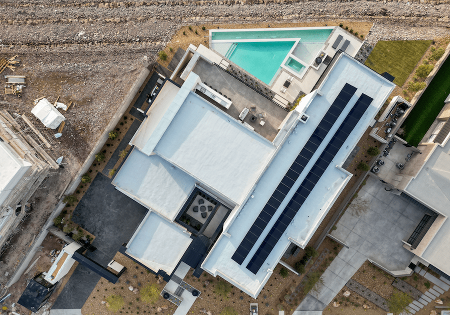 Aerial view of The New American Home 2023 and its renewable energy systems