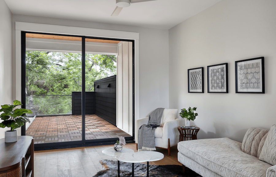 Bedroom balcony in a modern farmhouse home in Austin, Texas.