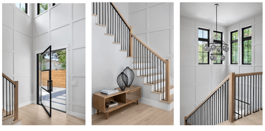 Entryway and staircase in a modern farmhouse design in Austin, Texas.