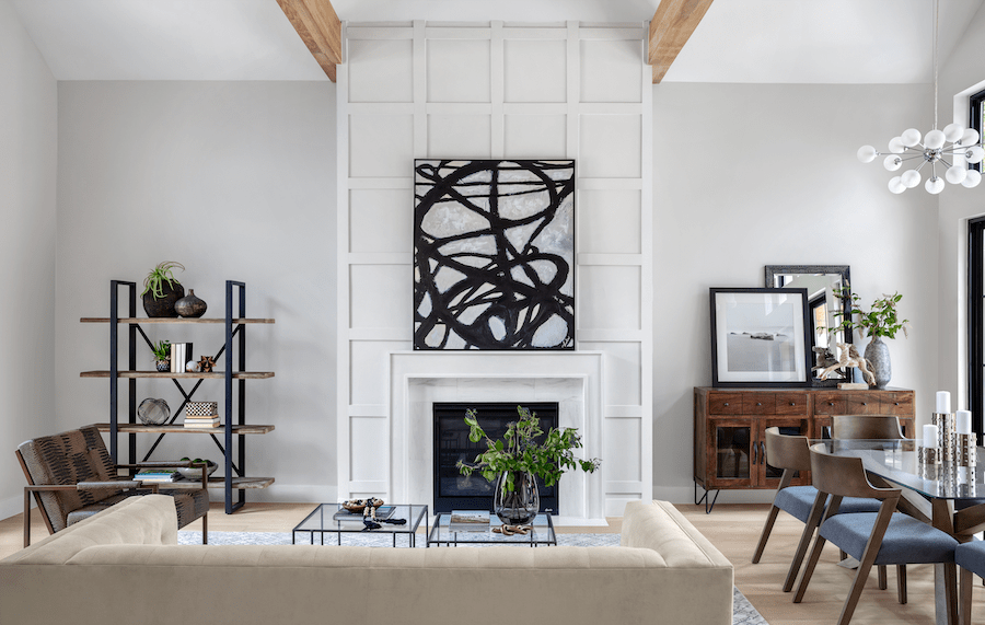 Living room in a modern farmhouse-style home in Austin, Texas