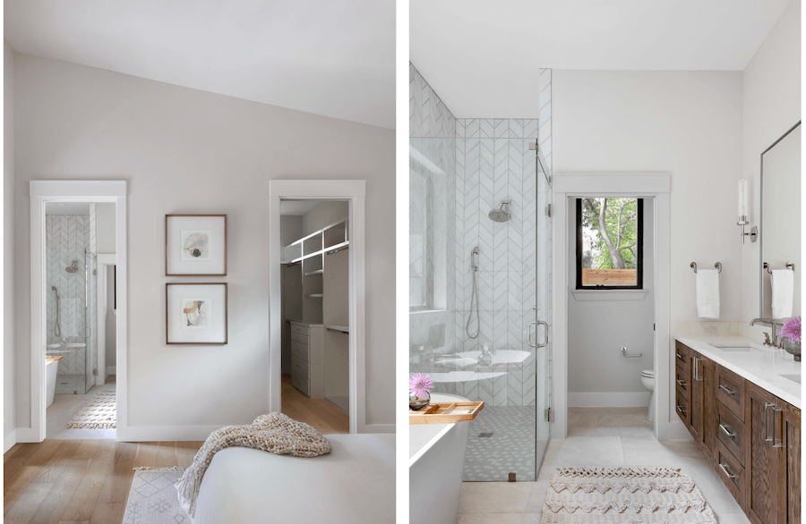 Main bedroom and bathroom in modern farmhouse design in Austin, Texas.