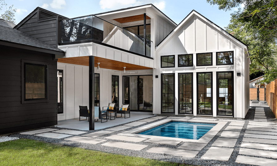 Pool and outdoor living space in a modern farmhouse design in Austin, Texas.