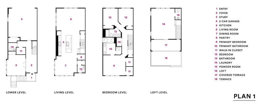 Plan 1 floor plans for Valley & Park townhomes, a 2020 BALA winner