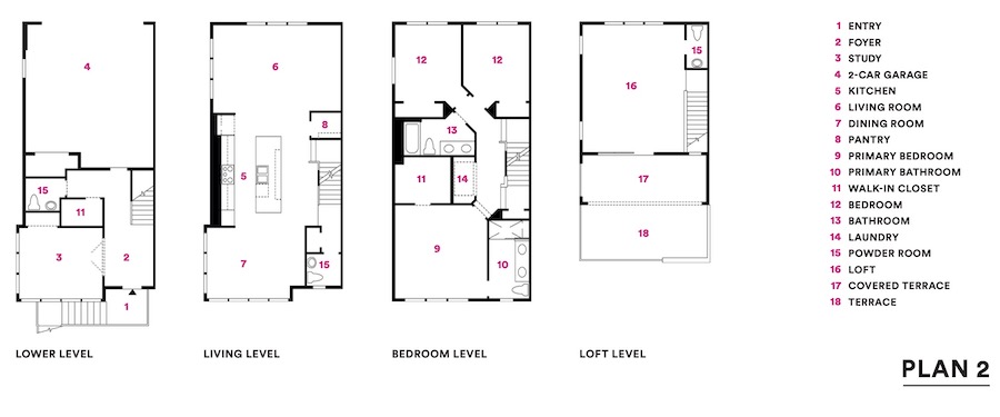 Plan 2 floor plans for Valley & Park townhomes, a 2020 BALA winner