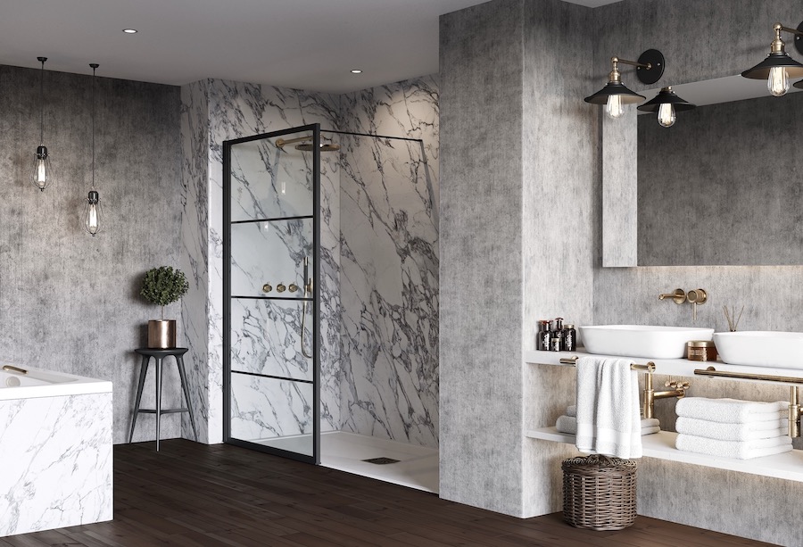 Wilsonart Wetwall waterproof wall panels in Calacatta Statuario