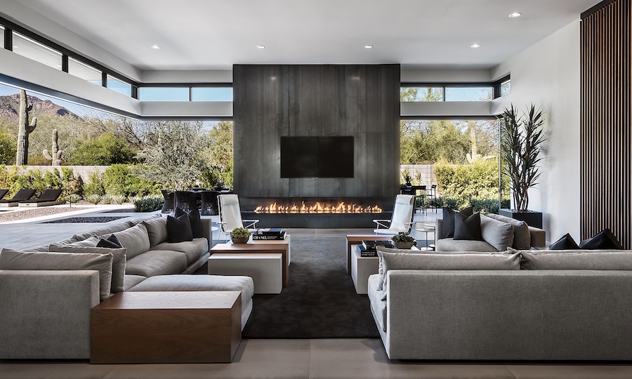 Clerestory windows with a fireplace in the living space