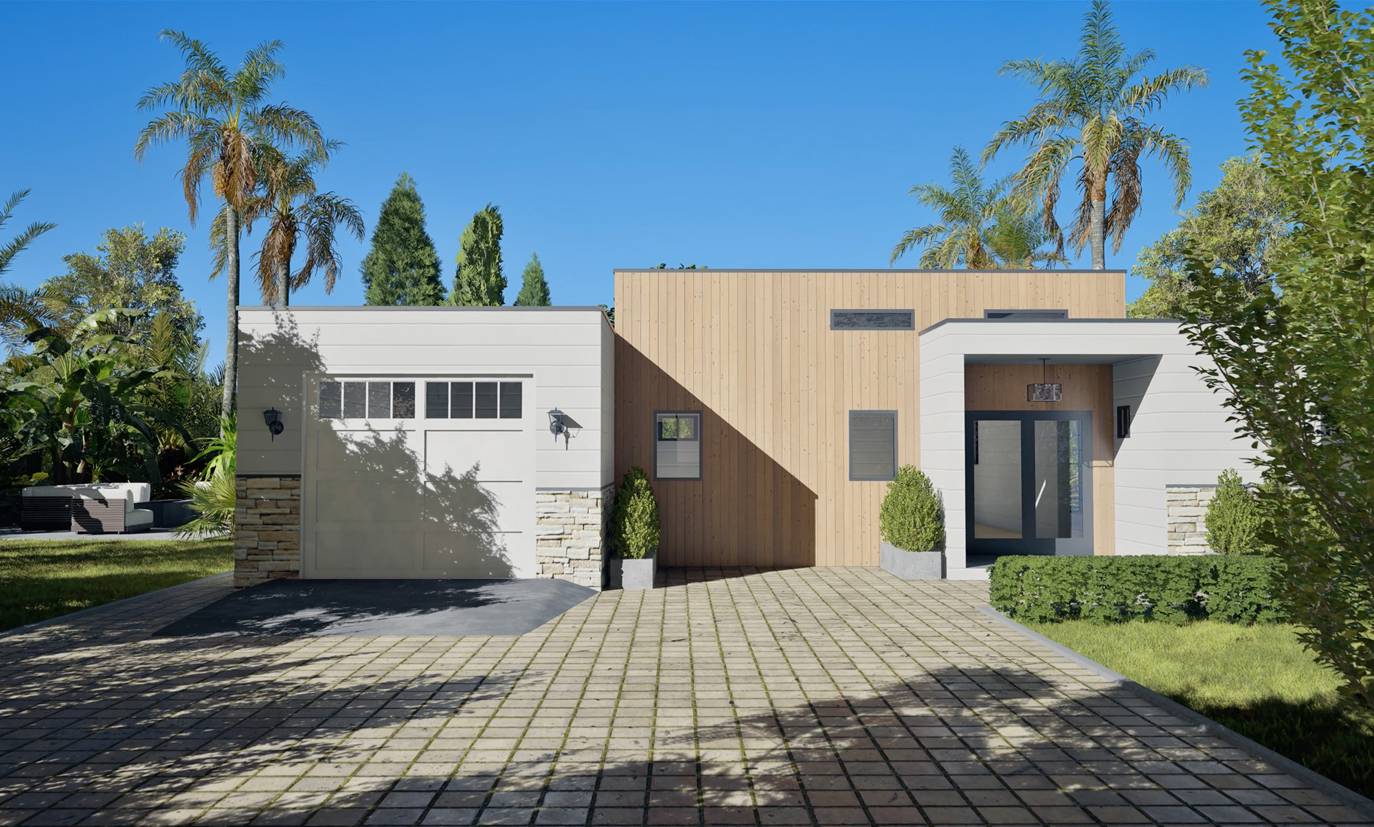 rendering of noncombustible home built with concrete wall panels