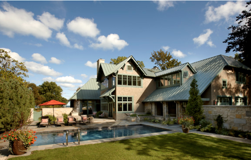 exterior pool view of Craftsman-style home in Chicago by architects Cohen and Hacker