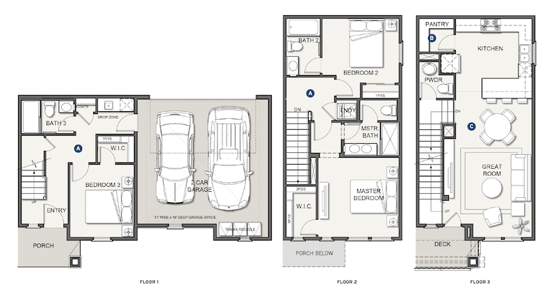 floor plans for three floors at infill housing development Nova at the Vale