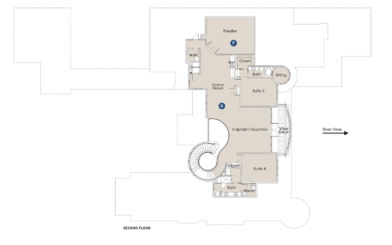 second floor plan for the luxury custom home at Senator's Bluff designed by The Evans Group