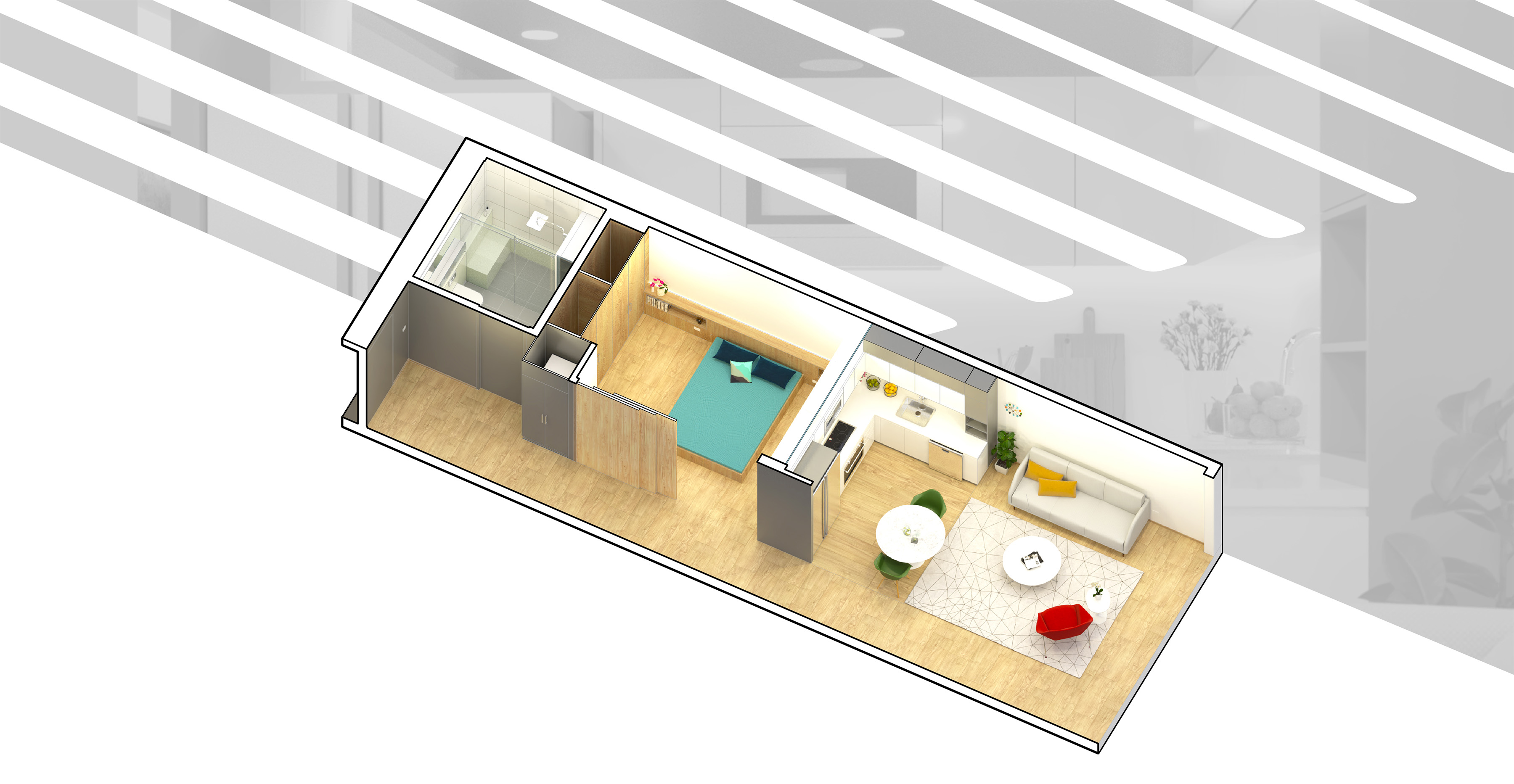 Isometric rendering of Cassette stackable modular apartment unit