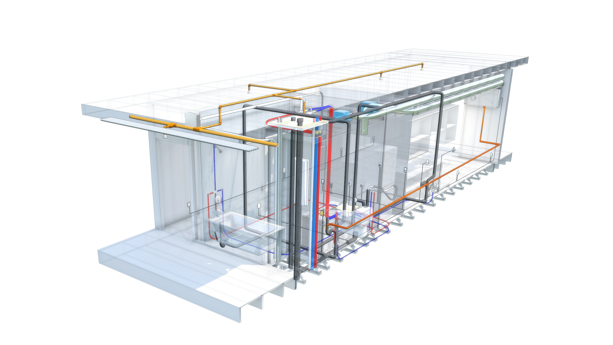 Cloud Apartments’ skeleton interior, showing off how the wiring, plumbing, HVAC, and technology will work in the unit