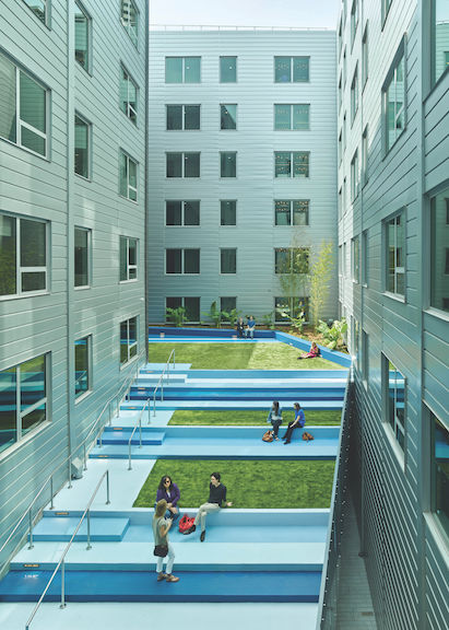 Roof of apartment building, small groups of people talking