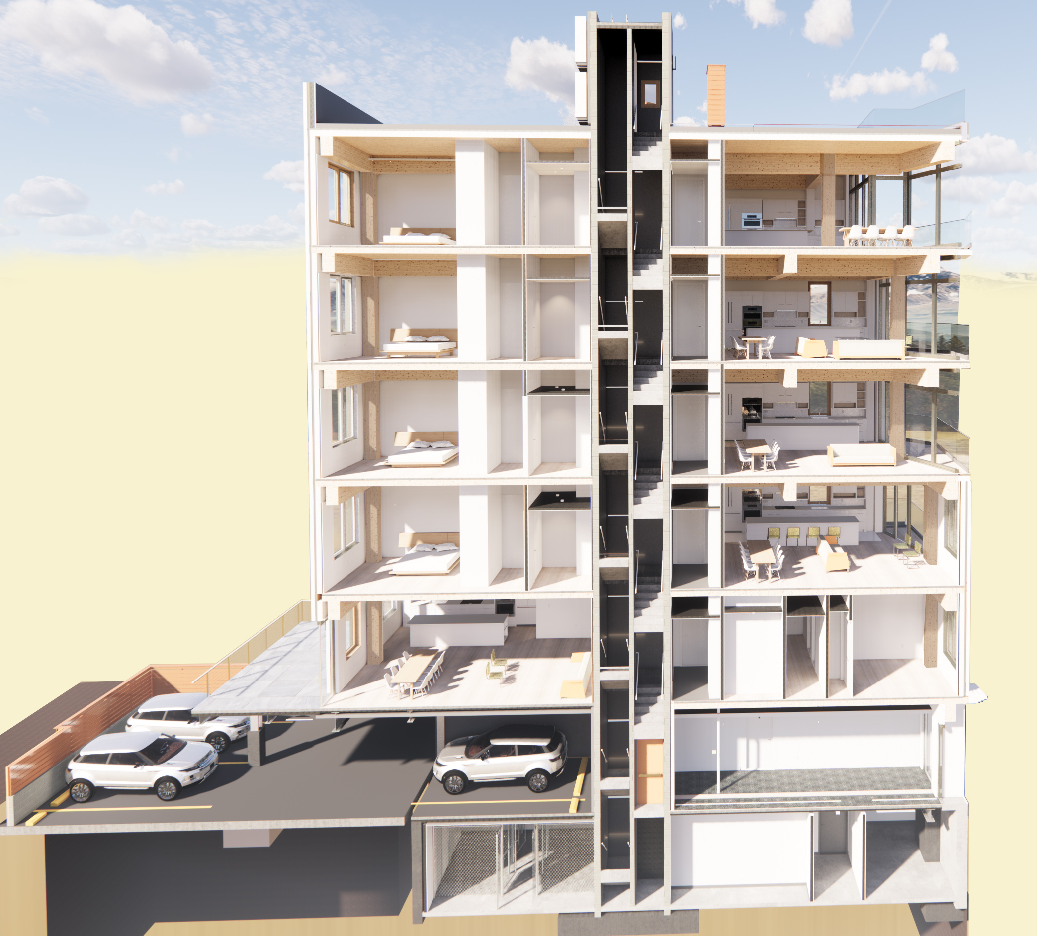 Rendering of building cross section for Timber House