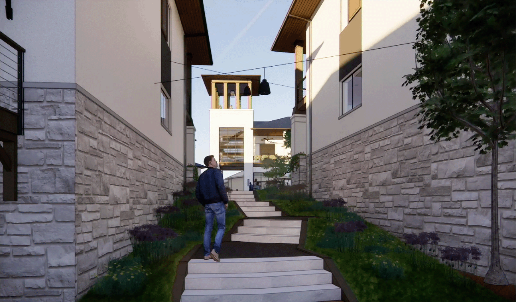 Render of man walking throw narrow foresty stairway between houses